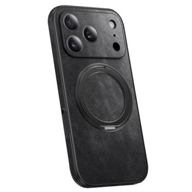 Imagem de POYUFRG Capa magnética para iPhone 17 Pro Max/17 Pro/17 Air/17, capa de couro genuíno retrô fina com suporte de anel e capa de proteção para câmera, preta, 17 ProMax