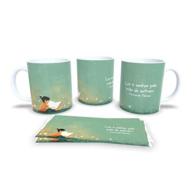 Imagem de Caneca com Ilustração de Criança e Estrelas, Frase Fernando Pessoa, Design Noturno, Cerâmica Branca (18719)