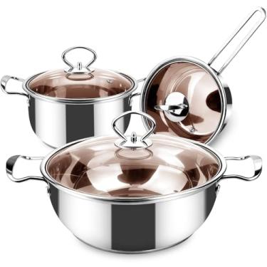 Imagem de Conjunto de Panelas em Aço Inoxidável com Tampa de Vidro, 3 Peças, Acabamento Espelhado, Inclui Caçarola, Panela e Frigideira