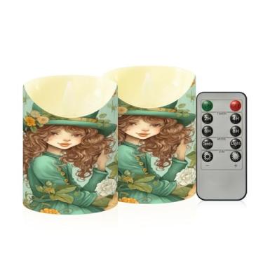 Imagem de Wassud Pacote com 2 velas sem chama para meninas com chapéu e flores, com controle remoto, velas realistas cintilantes com temporizador, velas decorativas para Natal, casamento, festa, decoração de