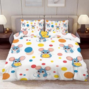 Imagem de Delerain Jogo de cama solteiro com estampa de mouse fofo, 3 peças, moderno, microfibra macia, para decoração de quarto, 1 capa de edredom + 2 fronhas