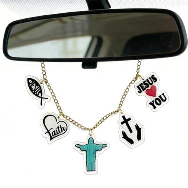Imagem de Corrente de pingente de espelho retrovisor de carro com cruz cristã, acessórios religiosos para carro, pingentes retrovisores dourados, enfeite de pendurar para carros, presentes de fé para mulheres