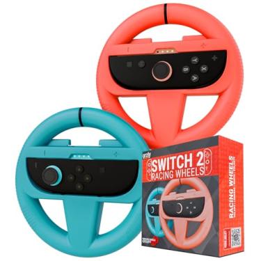 Imagem de Orzly Steering Wheels Compatible with Switch 2 (2025 Console) – Twin Pack Racing Wheel Accessories for Joy Con Controllers and Kart Racing Titles (1 Red, 1 Blue)