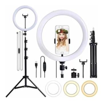 Imagem de Ring Light Fill Beauty Face 26 cm 10 Polegadas Tripé 2,1 Metros Profissional Anel de Luz Ajustável 3 Cores com Temperatura e Intensidade Regulável Suporte de Celular Ajustável 180 Graus