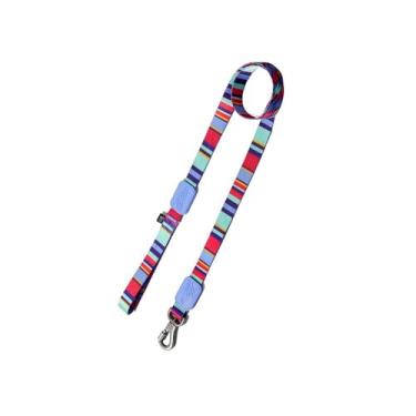 Imagem de Guia Pet Listrada com Mosquetão 360°, Poliéster Resistente, 120cm x 2cm, Design Ergonômico, Violeta e Multicores, Trava de Segurança