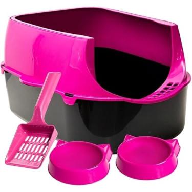 Imagem de Caixa de Areia para Gatos Grandes Sandbox Pet com Pá, Comedouro e Bebedouro – Banheiro Sanitário Resistente e Espaçoso(Rosa)