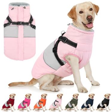 Imagem de AOFITEE Casaco de inverno para cães, casaco para cães com arnês embutido, jaqueta para cães grandes, jaqueta acolchoada refletiva à prova d'água, roupa de neve, suéter quente de lã à prova de vento