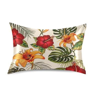 Imagem de Fronhas legais folhas tropicais hibisco flores cetim resfriamento padrão king queen fronhas estampadas fronhas macias cama queen size 76.2 cm x 50.8 cm