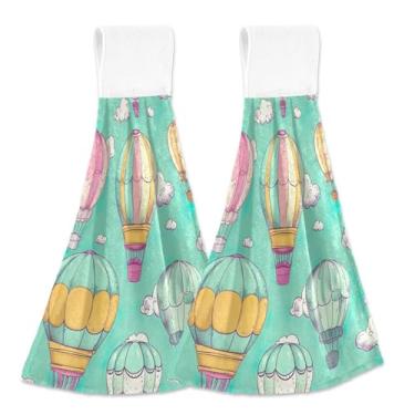 Imagem de Toalhas de mão de cozinha com laço para pendurar bonito balão de ar quente toalhas de forno verde conjunto de 2, toalha de cozinha absorvente de outono fofa, 18,2 x 14 polegadas