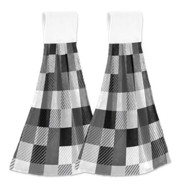 Imagem de Toalhas de mão de cozinha com laço de pendurar tabuleiro de xadrez alternado conjunto de 2 toalhas de gravata de forno preto, toalha de cozinha absorvente e fofa, decorativa, 46 x 35 cm