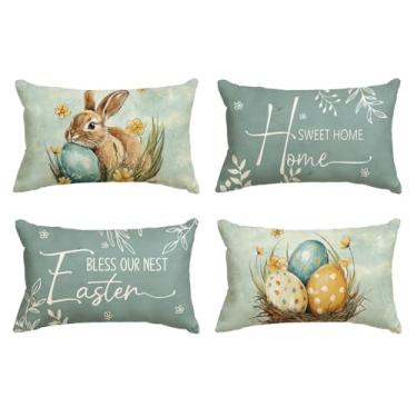 Imagem de AVOIN colorlife Capa de almofada Easter Bless Our Nest Rabbit Easter Eggs azul, 30,5 x 50,8 cm, decoração para sofá e sofá com folhas de eucalipto, conjunto de 4