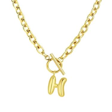 Imagem de Fiiuos Colar com inicial para mulheres, banhado a ouro 18 K, delicada, com pingente de letra bolha personalizada, corrente de elos grossos de clipe de papel com fecho de botão minimalista, joias de