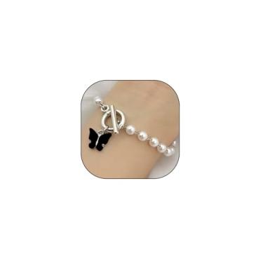 Imagem de Rrdaily Pulseiras de pérolas com pingente de borboleta para mulheres e adolescentes, pulseiras vintage com fivela ot, presentes de joias de casamento e madrinha de casamento, 20cm, Metal, Pérola