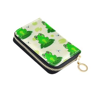Imagem de Carteira feminina fofa de sapos verdes bege animal pequena carteira de cartão de crédito com bloqueio de RFID carteira de viagem de couro fofa com zíper