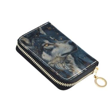 Imagem de Carteira feminina Starry Night Wolf de couro com bloqueio de RFID, carteira pequena com zíper e bolso para moedas