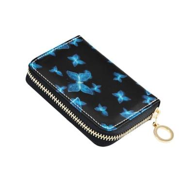 Imagem de Carteira pequena feminina para cartão de crédito, bloqueio de RFID, bolsa de moedas com zíper azul brilhante borboletas pretas