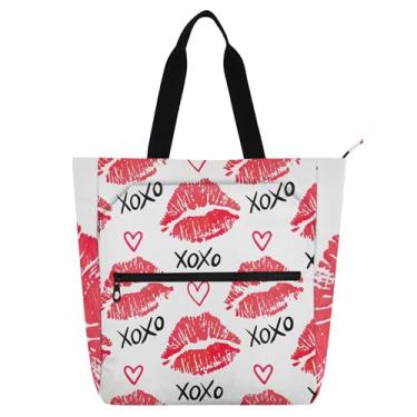 Imagem de GAIGEO Sacola de livros de batom branco vermelho para mulheres e crianças com zíper, bolsa reutilizável de lona para trabalho, escola e viagem