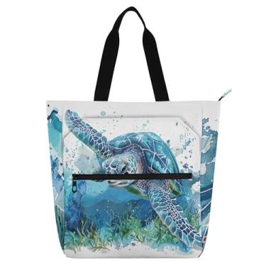 Imagem de GAIGEO Sacola feminina azul tartaruga marinha aquarela lona praia escola bolsa reutilizável amantes de livros