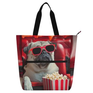 Imagem de Pug Dog Bolsas femininas engraçadas para trabalho, lona, praia, escola, bolsas para professores, presente para amantes de livros