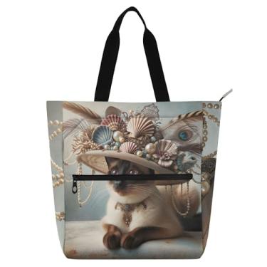 Imagem de GAIGEO Bolsa de lona reutilizável com estampa divertida de gato siamês para mulheres e crianças com zíper, escola, trabalho, viagem, compras, compras, bolsa de lona