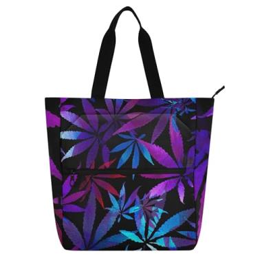 Imagem de Sacola feminina colorida com folha de cannabis roxa azul para trabalho, lona, escola, bolsa de tecido, bolsas de tecido, presente para amantes de livros