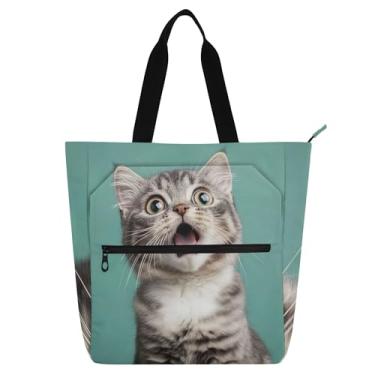 Imagem de GAIGEO Sacola fofa com estampa de gato surpresa para crianças, mulheres, escola, trabalho, viagem, bolsa reutilizável com zíper