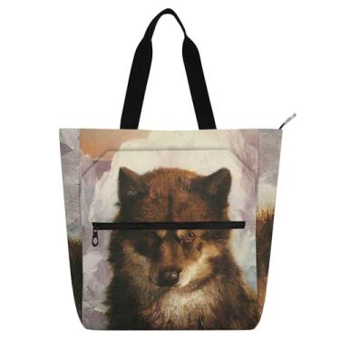 Imagem de Bolsa de trabalho feminina Frederic Edwin com estampa de lobo, bolsa de lona para livros de praia, com zíper, utilitária, bolsas infantis, para amantes de livros, presentes