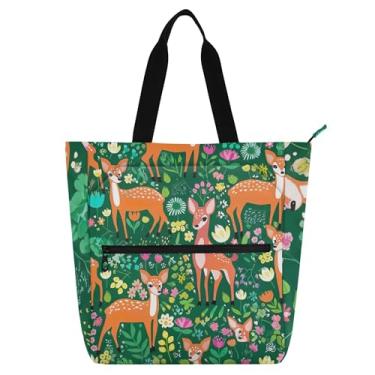 Imagem de GAIGEO Lindos veados coloridos flores verdes bolsas de trabalho para mulheres tote lona praia livro tote com zíper utilitário bolsas infantis amantes de livros