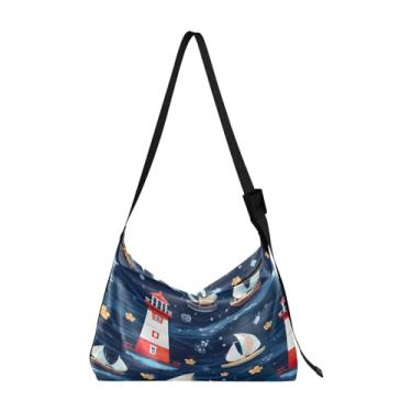 Imagem de Bolsa Hobo de ombro leve Nebula and Stars, bolsa tiracolo de couro, bolsa tiracolo masculina de couro, Farol e barcos - 5, One Size