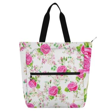 Imagem de GAIGEO Sacola floral rosa para mulheres, crianças, com zíper, bolsa de livros, bolsa de lona utilitária para trabalho escolar
