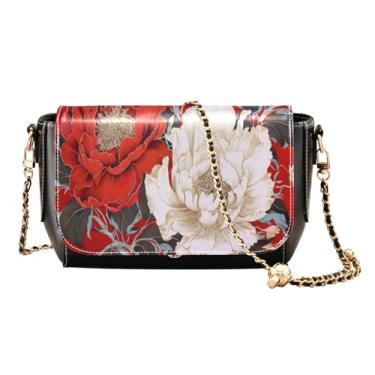 Imagem de GAIGEO Aquarela com rosas vermelhas e amarelas femininas tamanho médio, bolsa tiracolo de couro feminina, Peônias Vintage Red Roses Floral-2, One Size