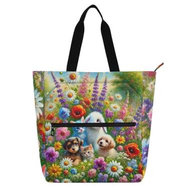 Imagem de GAIGEO Bolsa de ombro Happy Kittens Puppies Wildflowers para mulheres, crianças, amantes de livros, escola, trabalho, zíper, lona, bolsa de ombro