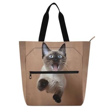 Imagem de GAIGEO Bolsa de lona com estampa engraçada de gato siamês para mulheres, crianças, com zíper, escola, trabalho, livros, presentes, bolsa de lona
