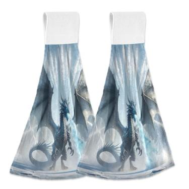 Imagem de Joitme Pacote com 2 toalhas de mão penduradas de dragão de gelo, toalha de banheiro de cozinha fofa com laço para pendurar, pano de prato de lã coral macio absorvente para forno decorativo