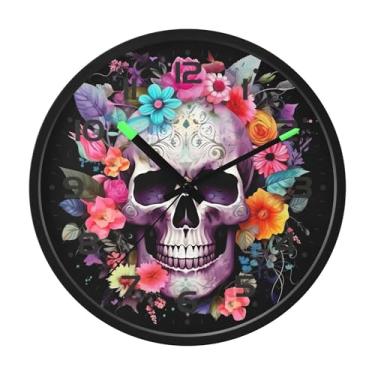 Imagem de SEHANY Relógio artístico de parede de caveira silencioso, sem tique-taque, relógio redondo operado por bateria, controle de som, luz noturna, relógios de parede para sala de estar, cozinha, quarto