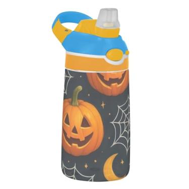 Imagem de Cute Pumpkins Garrafa de água infantil preta para escola, 473 ml Tritan 473 ml Garrafa de água esportiva com canudo, copo infantil à prova de vazamento, reutilizável, alça de transporte