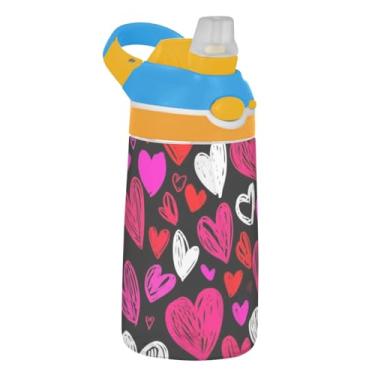 Imagem de Garrafa de água Tritan de 473 ml com canudo para crianças, meninas, meninos, garrafa de água esportiva portátil de 473 ml, copo infantil reutilizável à prova de vazamento, alça de transporte, corações