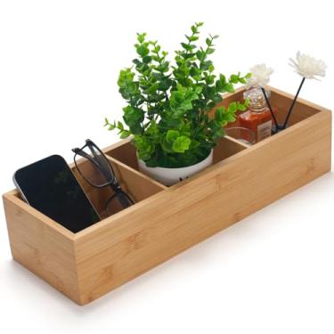 Imagem de XIMISISE Cesta de banheiro de bambu, cesta de tanque de vaso sanitário de madeira, caixa de armazenamento de madeira com 3 compartimentos para organizador de banheiro (42 x 14 x 9 cm)