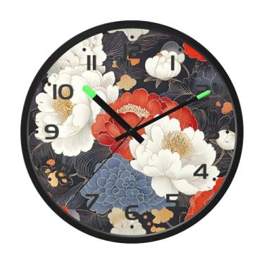 Imagem de SEHANY Relógio de parede vintage com flores de peônia, silencioso, sem tique-taque, operado por bateria, controle de som, luz noturna, relógios de parede para sala de estar, cozinha, quarto