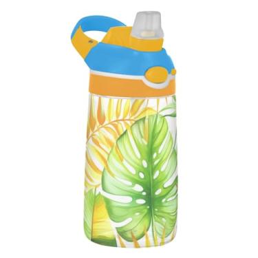 Imagem de Garrafa de água esportiva infantil de 473 ml com tampa de palha, garrafa de água Tritan portátil de 473 ml, copo infantil reutilizável à prova de vazamento, alça de transporte, folhas tropicais