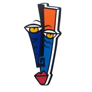 Imagem de Arte de parede de metal – Escultura de rosto moderna abstrata multicolorida inspirada em Picasso – Decoração de parede minimalista para sala de estar, quarto ou escritório – Arte artesanal