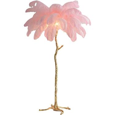 Imagem de Luminária de chão elegante com penas de avestruz naturais, moderna e com intensidade ajustável, ideal para quarto e sala de estar. Base em resina, rosa e dourada, 120 cm, compatível com LED