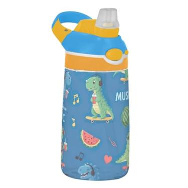 Imagem de Garrafa de água infantil de 473 ml reutilizável Tritan Sports de 473 ml com canudo Copos de viagem portáteis à prova de vazamento para crianças, alça de transporte, dinossauros de desenhos animados e