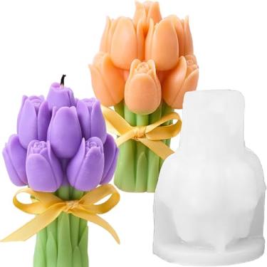 Imagem de LSLEVA 2 peças de molde de vela de silicone para buquê de tulipa faça você mesmo, enfeite de dia dos namorados, artesanato, decoração de bolo de chocolate, flores, sabonete, gesso, resina, moldes de