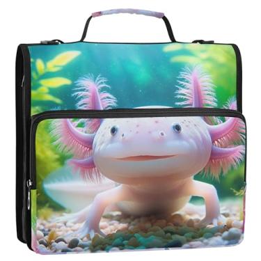 Imagem de Fichários de 3,8 cm com 3 anéis, Axolotl fofo animal com zíper, bolsa escolar com alça de ombro, pasta rosa para portfólio de armazenamento com alça