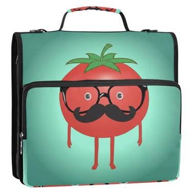 Imagem de Organizador de fichário com zíper verde tomate bigode engraçado 3 argolas anel D bolsa de fichário com alça para escola, vários bolsos, pasta grande de portfólio