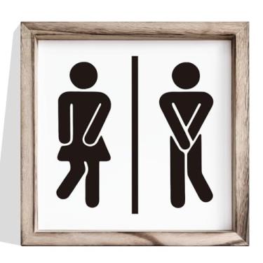 Imagem de Decoração de parede de banheiro, placa engraçada de ícones de pessoas de banheiro, silhueta de homem e mulher em pé, arte de parede de madeira emoldurada para porta de banheiro ou lavabo de hóspedes