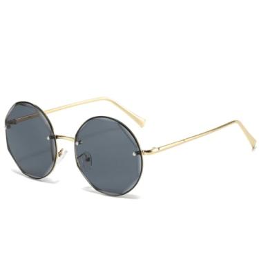 Imagem de HPIRME Óculos redondos vintage de metal, unissex, com armação sem aro, proteção UV400 (cinza dourado)