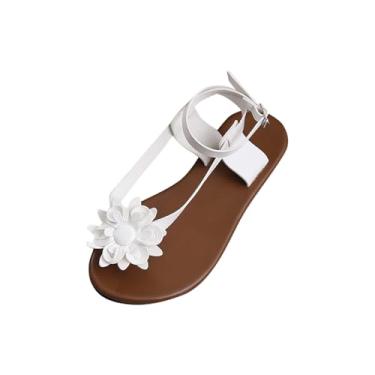 Imagem de Sandália feminina fashion casual primavera e verão praia versátil cor sólida flor clip-toe sandálias rasteiras, Branco, 36