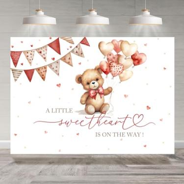 Imagem de Rsuuinu Pano de fundo para chá de bebê, urso A Little Sweetheart is On The Way, fundo fotográfico, 2,1 x 1,5 m, coração, coração, laço vermelho, laço para chá de bebê, decoração de festa, banner